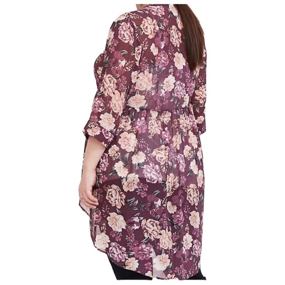 Torrid Chiffon Tunic Top Floral Burgundy Hi Lo 3/4 Roll Tab Sleeve Size 2X - Picture 2 of 11